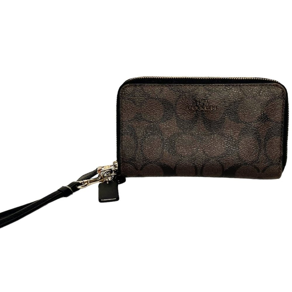 Coach | Double Zip Brown Wristlet Wallet Signature C Leather